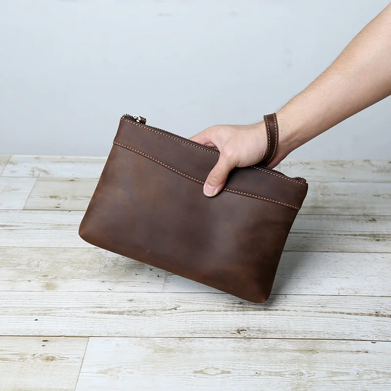 First Layer Cowhide New Fashionable Handbag Men's Leather Casual Clutch Bag Crazy Horse Leather Retro Hand-Held Envelope Bag