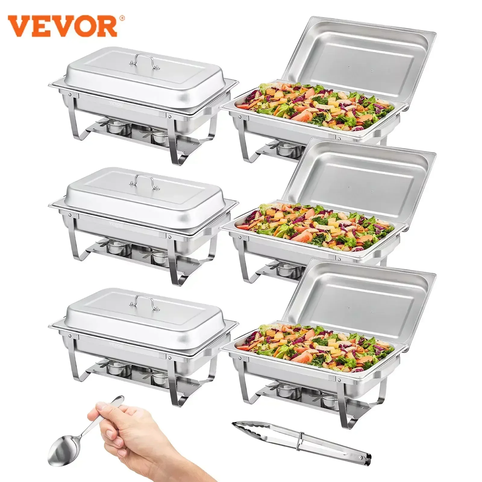 VEVOR 8QT Rectangle Chafing Dish 2/4/6 Packs w/ Full Size Pans Buffet Catering Warmer Server Folding Stand Fuel Holder Tray