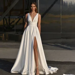 A-Line Wedding Dress Satin Side Slit Floor Length Custom Made To Measure For women Robe De Mariee With Pocket White Elegant 2023