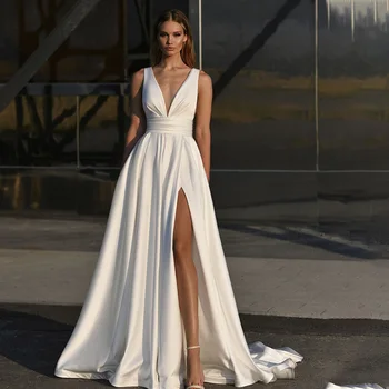 Abito da sposa a-line in raso con spacco laterale lunghezza del pavimento su misura per le donne Robe De Mariee con tasca bianco elegante 2023