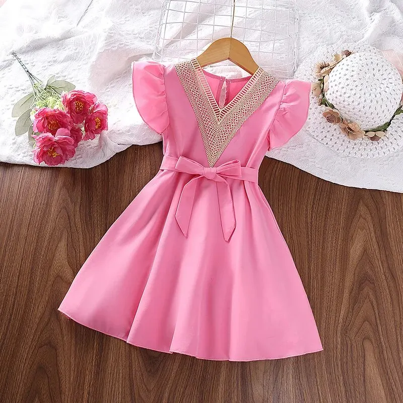 Kids Dress For Girls 4-7 Years Solid Pink Belted Wing-Sleeve V-neck Dress Sweet Style Summer Costume Baby Clothing