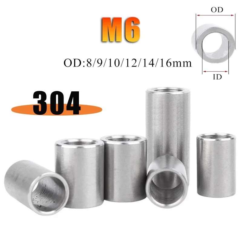 M6 304 Stainless Steel Bushing Washer Round Hollow Unthreaded Stand-off Spacer Gasket Isolation Column OD 8-16mm Length 2-40mm