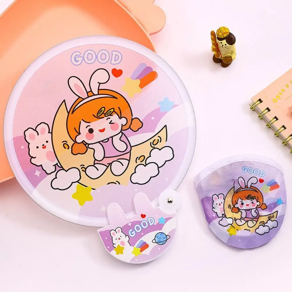 5Pcs Portable Cartoon Cute Folding Fan Decorative Mini Cool Fan with Reflective Board Round Pocket Fan Student