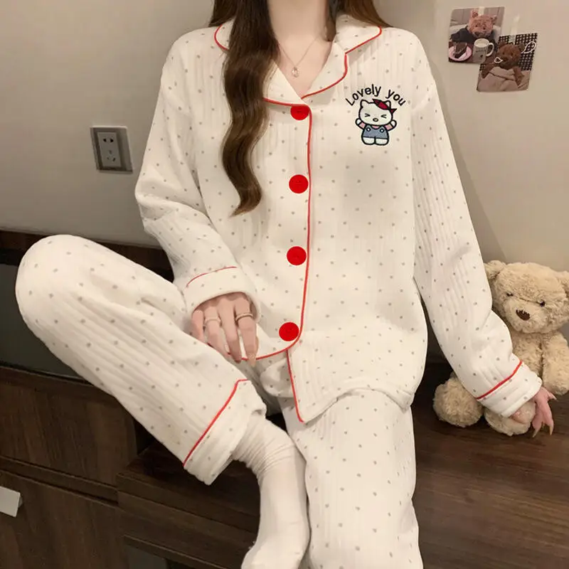 Cute Kitten Girls Kawaii Wave Point Pajamas Usagi Chiikawa Student Winter Warm Cartoon Anime Sweet Comfortable Home Clothes Set