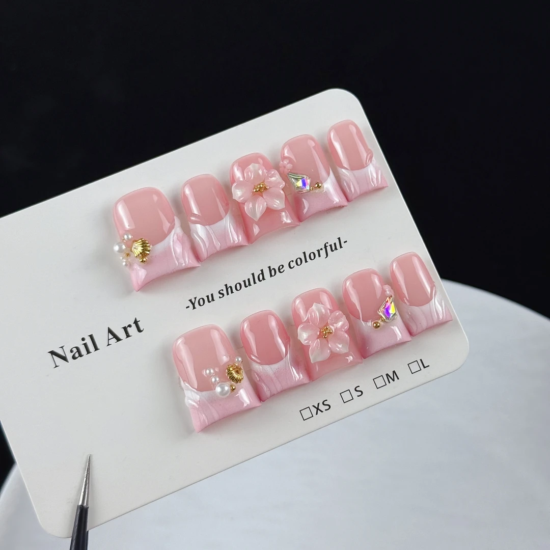 10pcs High-end Pink girl style, hand-painted three-dimensional engraved patterns, pearls, and tiny diamonds handmade fake nails