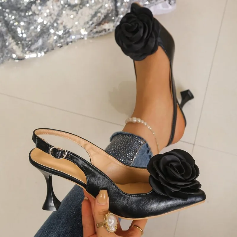 Sexy Pointed Toe Backless High Heels for Ladies Fashion Flowers Decoration Women Pumps 2026 Spring Comfort Office Formal Shoes