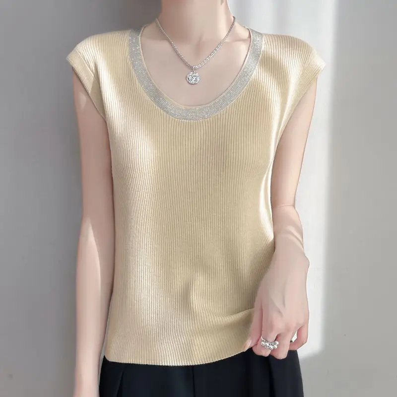 

Knitted Sweater Women Pullovers New Sleeveless O-Neck Hot Fix Knit Sweater Pullover Women Tops Sweaters Sueters De Mujer Q1237