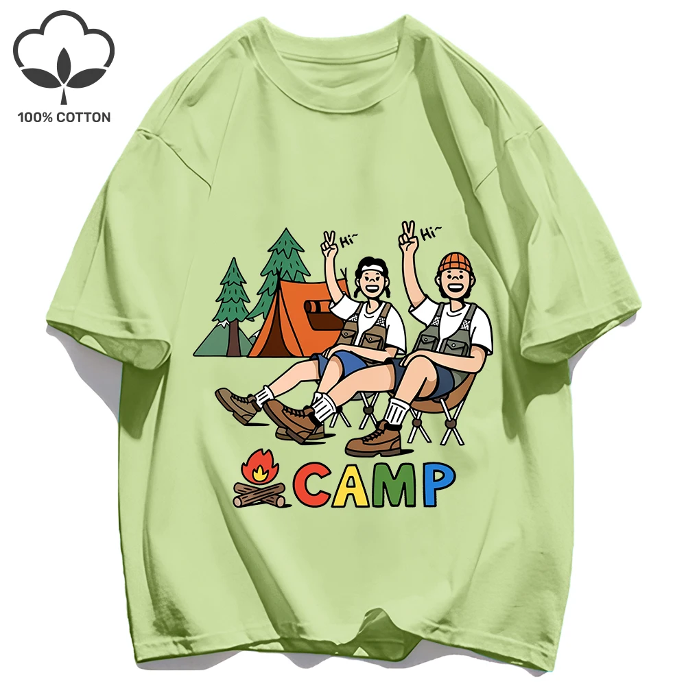 Happy Camping Aktivität für Paare, bedruckt, Herren-Basics, T-Shirts, lockeres T-Shirt, lässig, Sommer, kurzärmelig, Baumwolle, Hip-Hop-Top