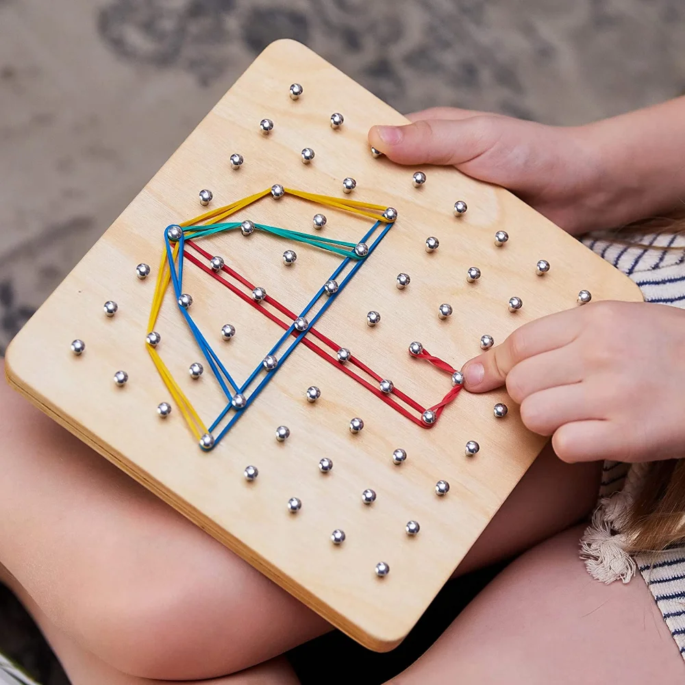 Wooden Geoboard - Montessori Toys For 3 + Kids And Toddlers, Educational Toy With 24 Cards And 40 Rubber Bands ，STEM Board