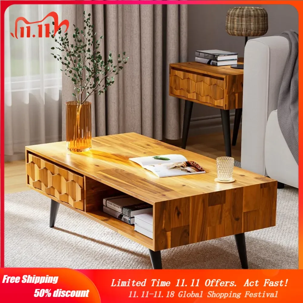 

Georgina Solid Wood Coffee Tables for Living Room, Coffee Table Mid Century Modern with 2 Symmetrical Storage Drawers