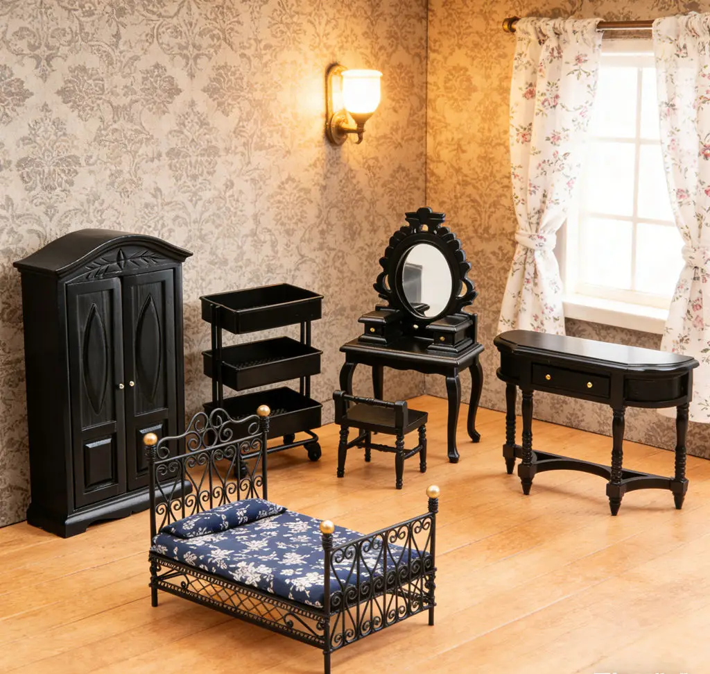 1:12 Scale Dollhouse Miniature Furniture - Black Wooden Bedroom Set, Vanity, Wardrobe & Decor for Miniature Scene Display