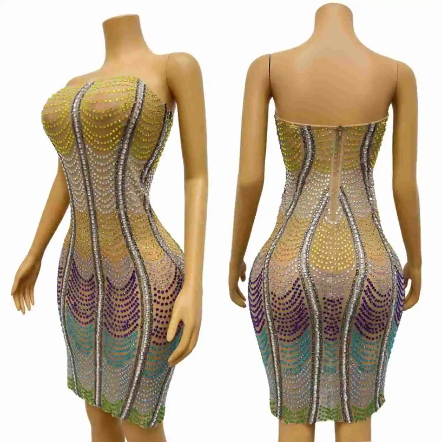 

Sparkly Rhinestone Skinny Strapless Mini Dress Night Club Party Mesh Short Dress Celebrate Prom Sexy Women Couture Caihonglian