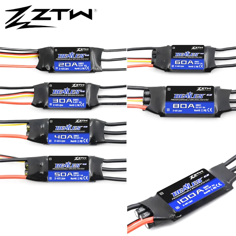 

32-битный бесщеточный ESC Beatles G2 20A/30A/40A/50A/60A/80A/100A 2-6S SBEC 5V/6V 8A контроллер скорости для радиоуправляемого самолета с фиксированным крылом