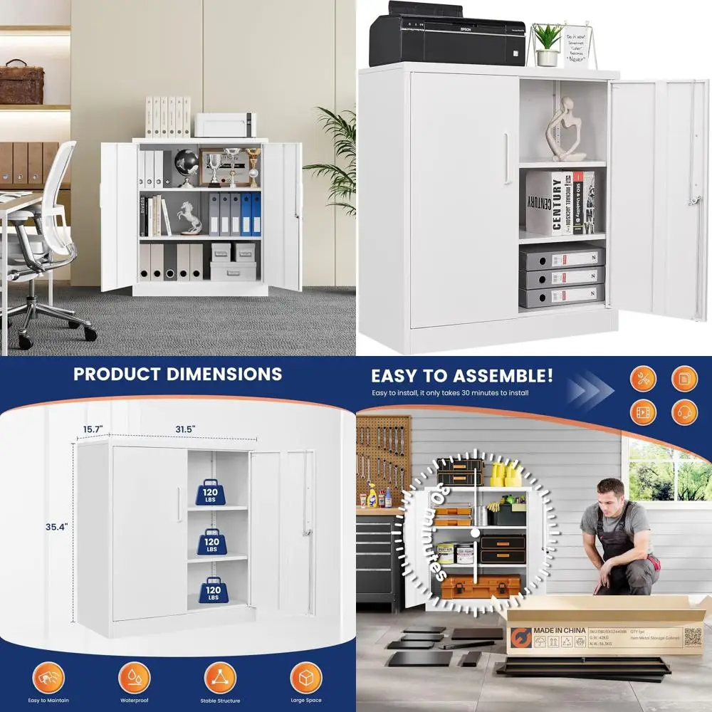 

35.5 White Steel Lockable Storage Cabinet with 2 Doors & 2 Adjustable Shelves for Home, Office, Garage, Gym