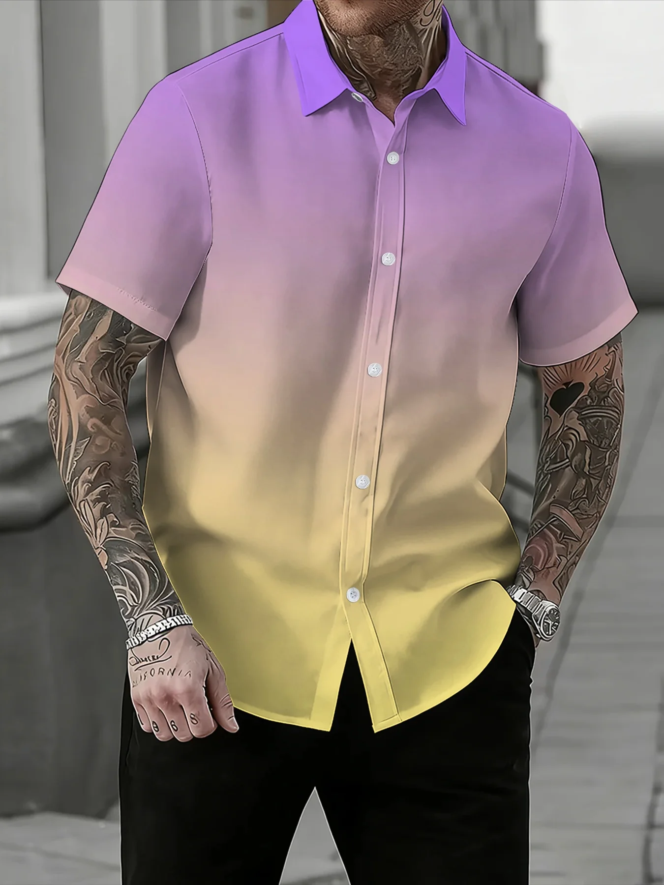Smart Casual Pastel Ombre Men Short Sleeve Shirt Lavender to Yellow Gradient Lapel Button Shirts Daily Leisure Outfits