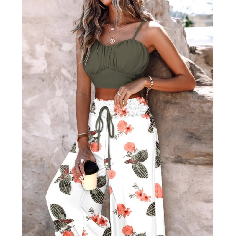 

Boho Wide Leg Pant Sets Women Sexy Spaghetti Top And Print Pant 2 Piece Sets Women Outfit Casual Beach Holiday Lace Up Pant suit