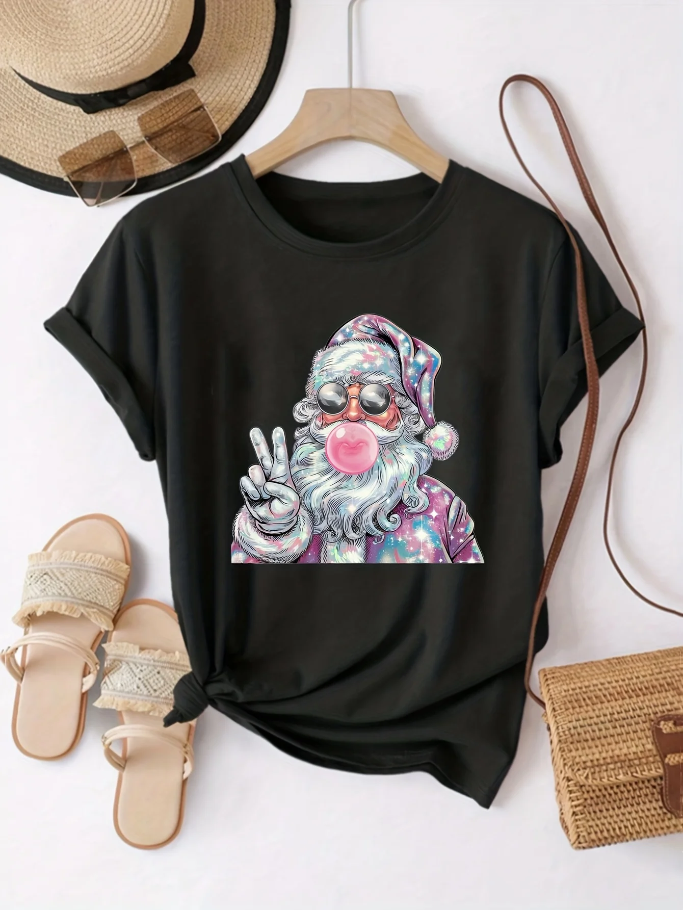 Women's Pink Short Sleeve T-Shirt with Santa Claus Gum Pop Art Print Christmas Costume Party Outfit Y2k Clothes Female Clothing