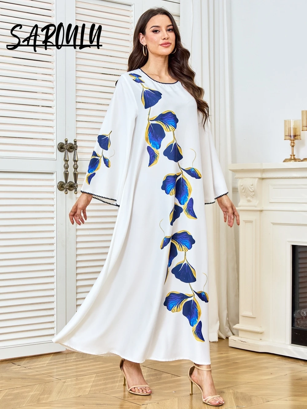 Casual White Leaf Print Maxi Evening Dress Long Flared Sleeve Loose Fit Gown For Daily Commute Family Gathering Women's Daily