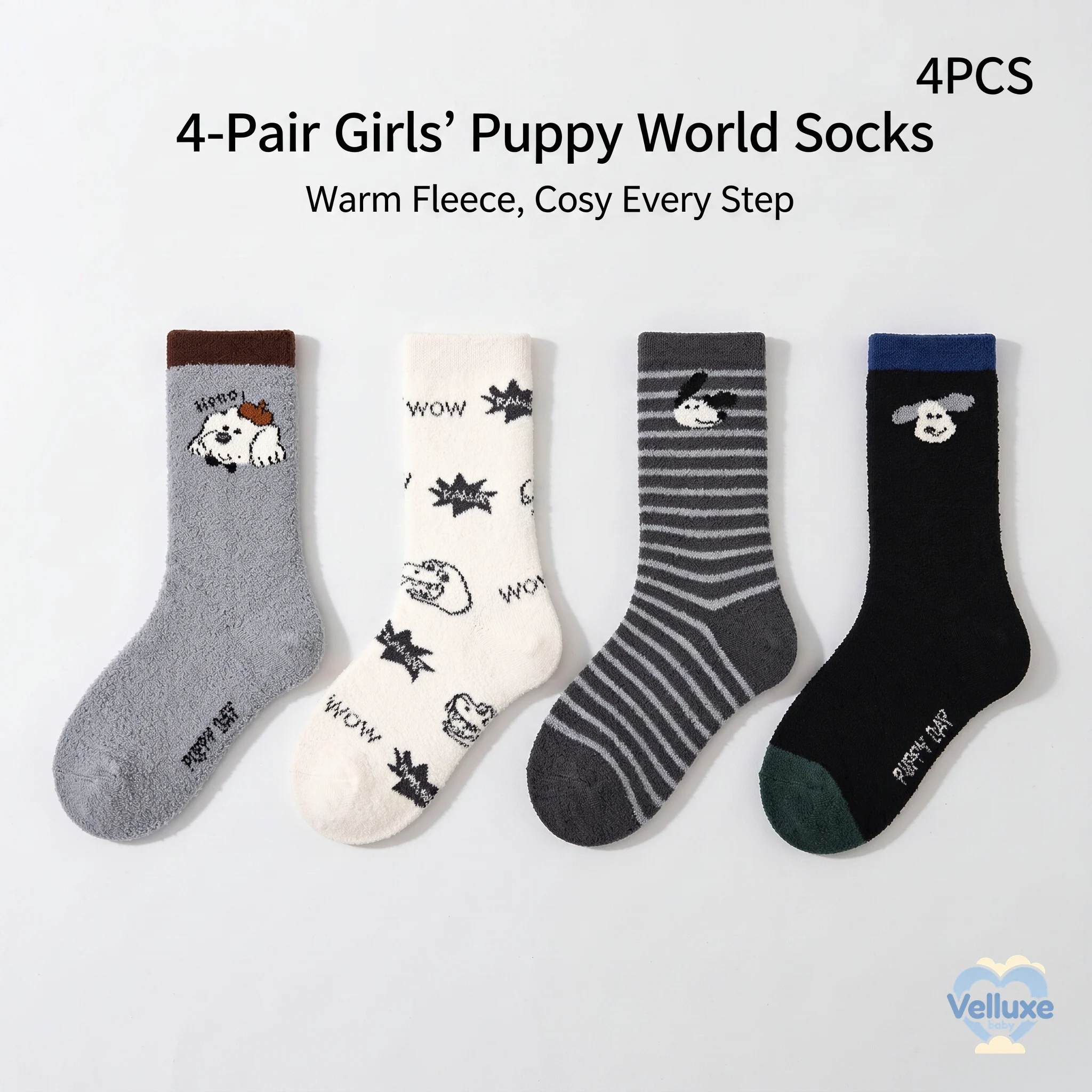 4 Pairs Girls Puppy World Half-Fleece Crew Socks, Thick Winter Warm Cartoon Dog Socks for Girls 3-12Y