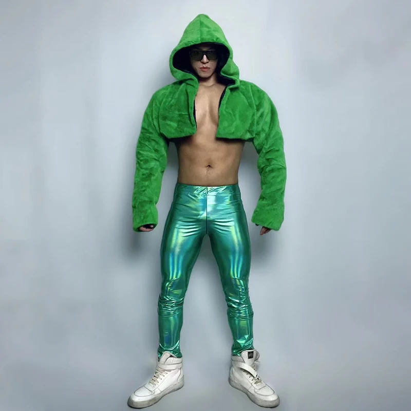 Men Hip Hop Jazz Dance Clothes Nightclub Bar Dj Ds Costumes Gogo Dancer Outfits Singer Stage Costume Green Fluffy Hoodie VDB6147