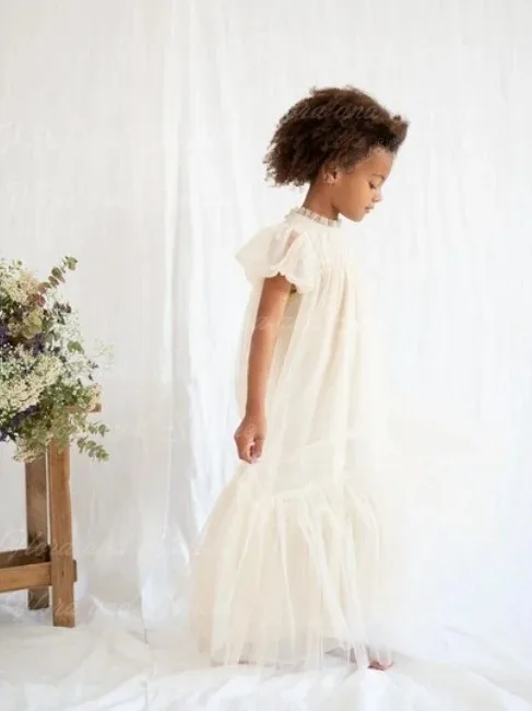 فستان فتاة الزهور من التول العاجي نصف كم متدرج لحفلات الزفاف وأعياد الميلاد والولائم وحفلات التواصل المقدس حسب الطلب #5