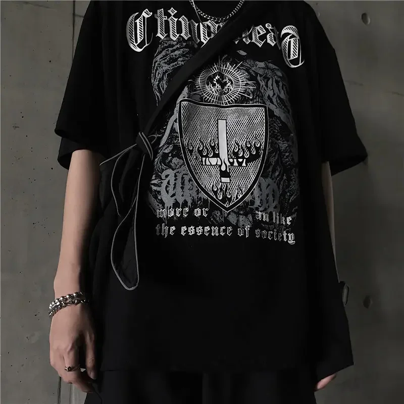 

QWEEK Gothic Style T-shirt Oversized Grunge Women Mall Goth Top Summer Balck White Graphic Tee Emo 2021 Fashion Unisex