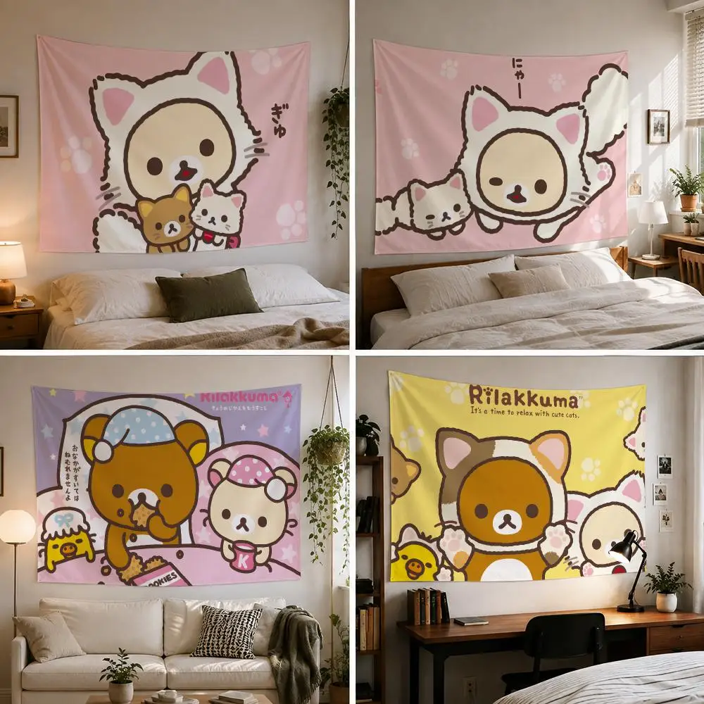 Cute R-Rilakkuma Cartoon Tapestry Custom Living Bedroom Party Dormitory interior Wall bohemian Decoration Attached clip