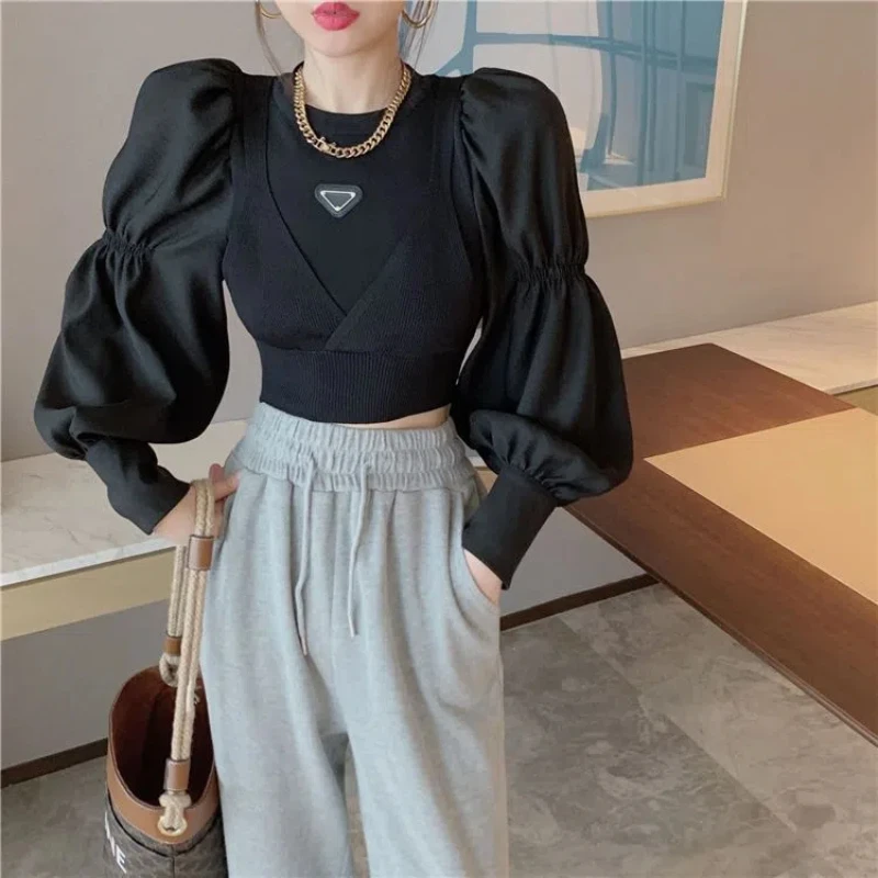 Elegant Stand Collar Solid Color Puff Sleeve Top Spring Autumn Fake Two Pieces Korean Folds Loose Spliced Women\'s Office Shirts