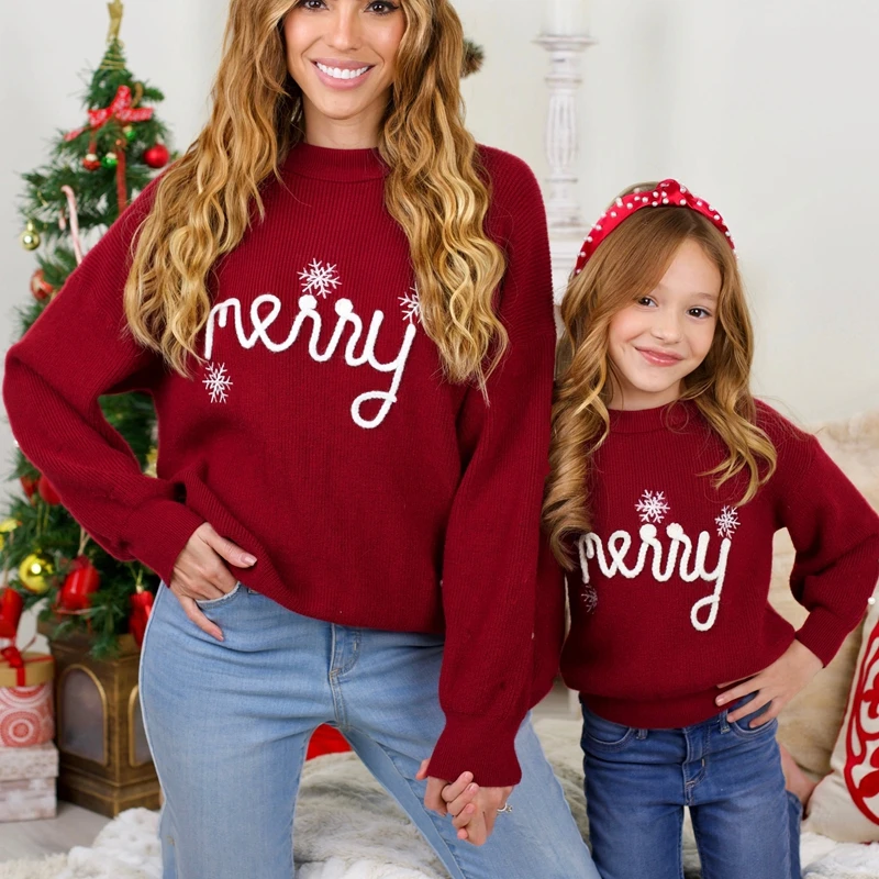 Women Mommy and Me Christmas Sweaters Letter Embroidery Long Sleeve Pullover Warm Knit Sweatshirt Fall Winter Clothes