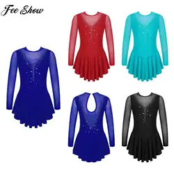 Girls Rhinestone Figure Skating Dress Ballet Dance Artistic Gymnastics Leotard Tutu Sheer Mesh Dancewear for Stage Performance