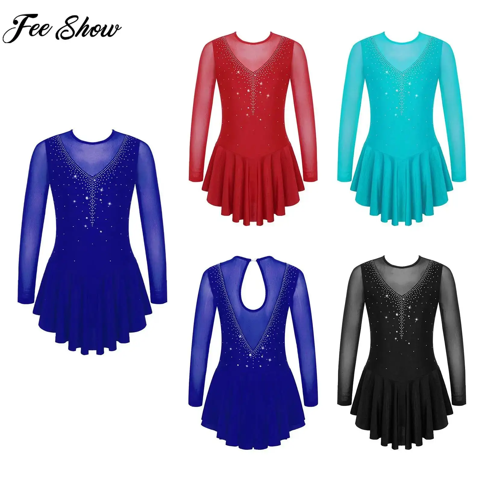 Girls Rhinestone Figure Skating Dress Ballet Dance Artistic Gymnastics Leotard Tutu Sheer Mesh Dancewear for Stage Performance