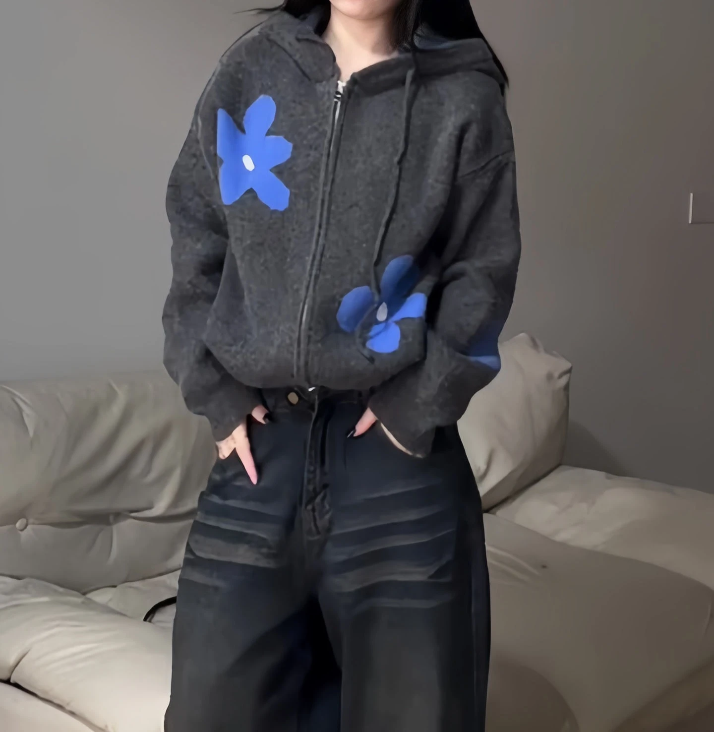 

Retro Flower Hooded Zipper Sweater Jacket for Women Loose and Casual Knitted Cardigan Top