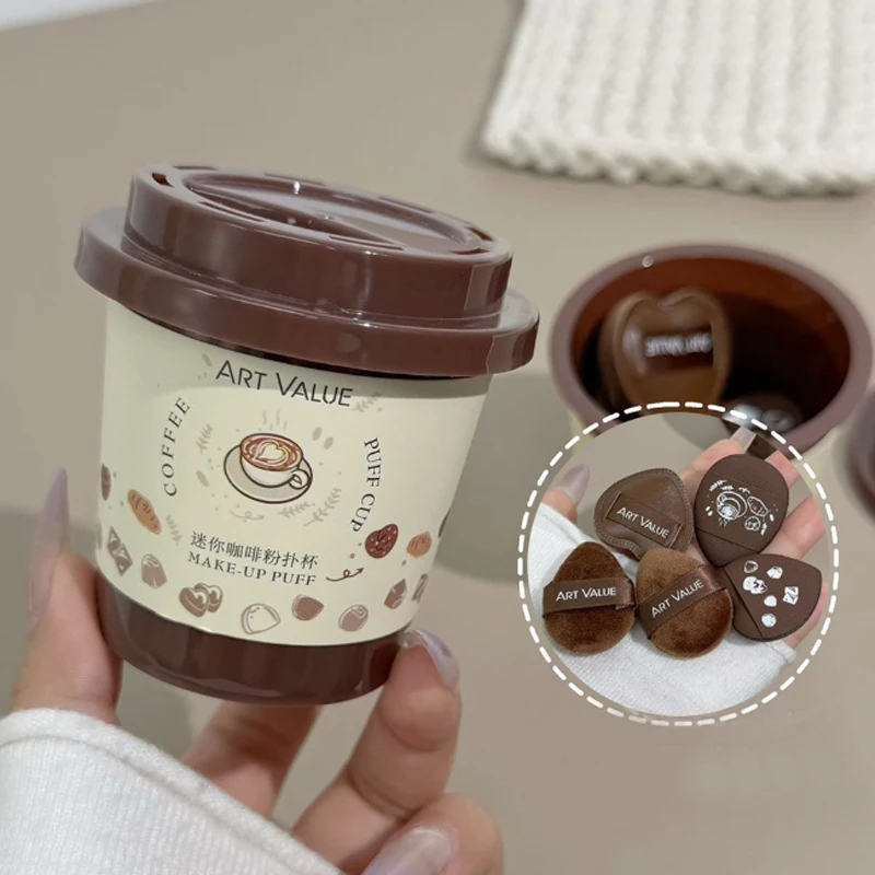 فنجان القهوة ماكياج الإسفنج نفخة مجموعة شكل قلب المحمولة إصبع صغير يتدفقون مسحوق نفخة لكريم الأساس المخفي ماكياج نفث