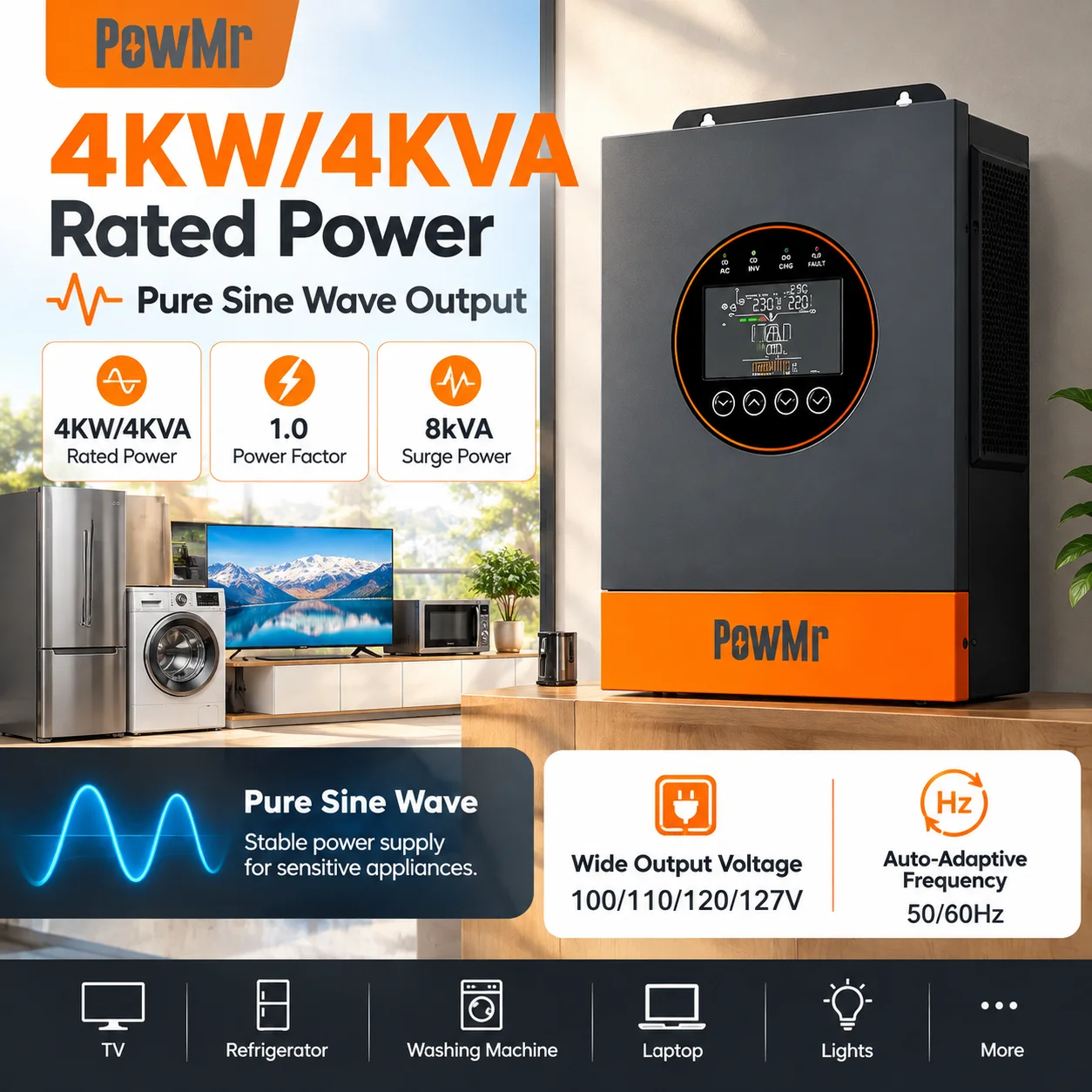 PowMr 4KW 110VAC 24V Solar Inverter Pure Sine Wave Dual AC Output 60‑450V PV Input Built‑in 18A MPPT Solar Charge Controller Support App Connected Work for Lithium Lead‑Acid Battery Off‑Grid Emergency Home Solar Storage System