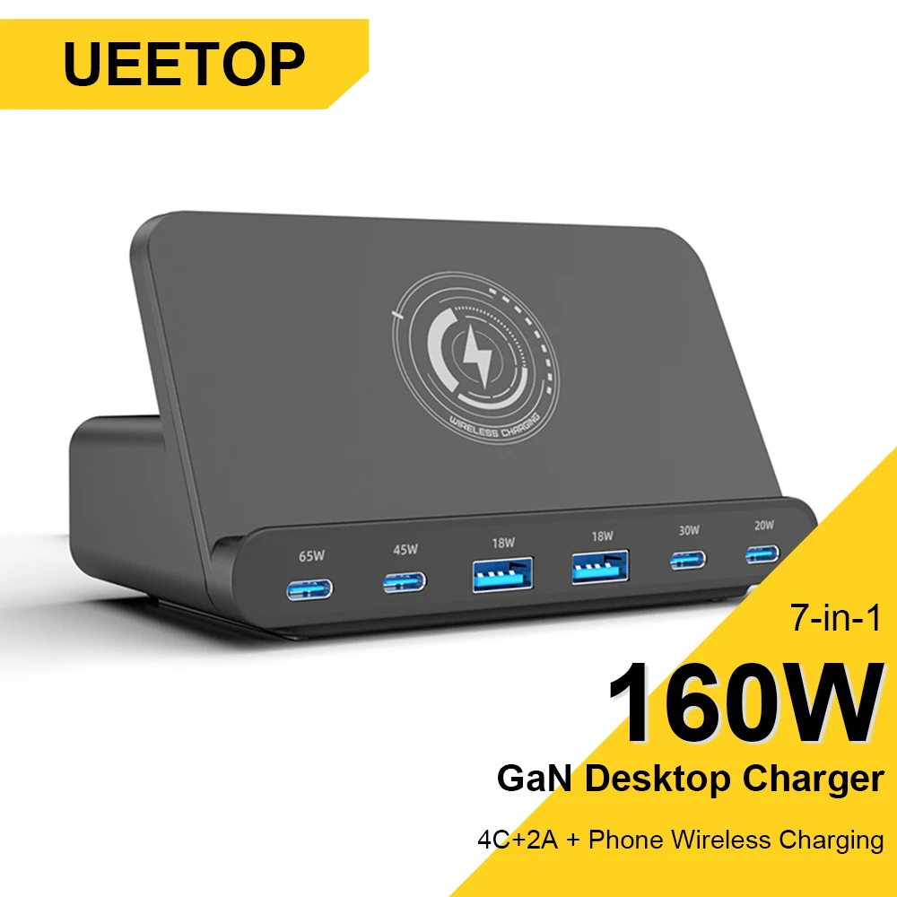 Stacja ładująca USB Ueetop 160W bezprzewodowe ładowanie 65W PPS 45W GaN ładowarka szybka ładowarka do laptopa Tablet iPhone 15 Samsung
