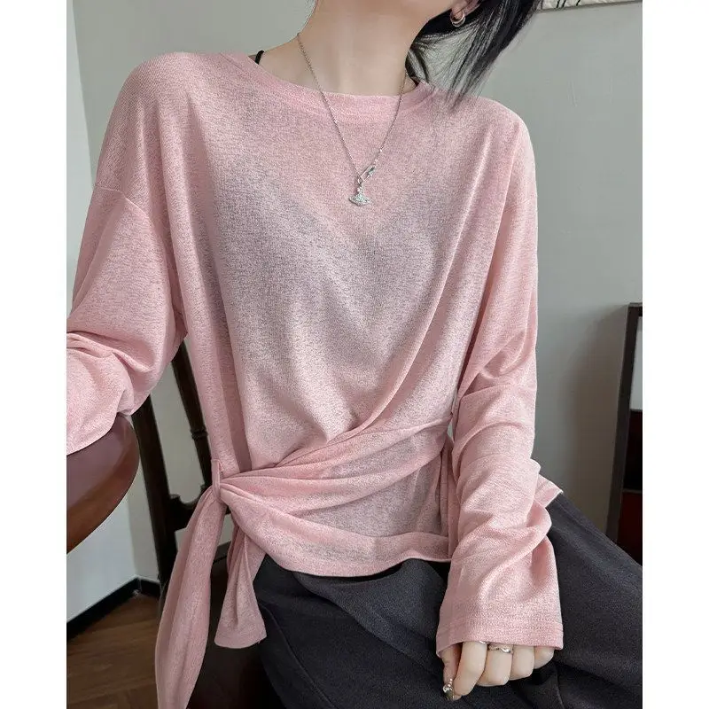 Simplicity Irregular Solid Long Sleeve Lazy Style Tops Tees Women Clothing New Summer Thin O-neck Korean T Shirts Casual Fashion