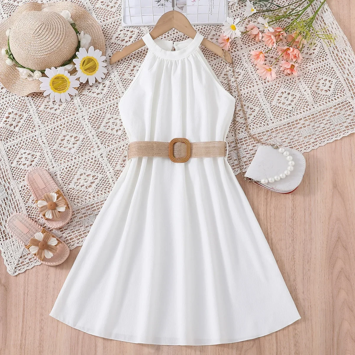 Teens Casual Fashion Dress for 8 9 10 11 12 Years Old Children Clothes Girls Dress Hanging Neck Waist Dresses