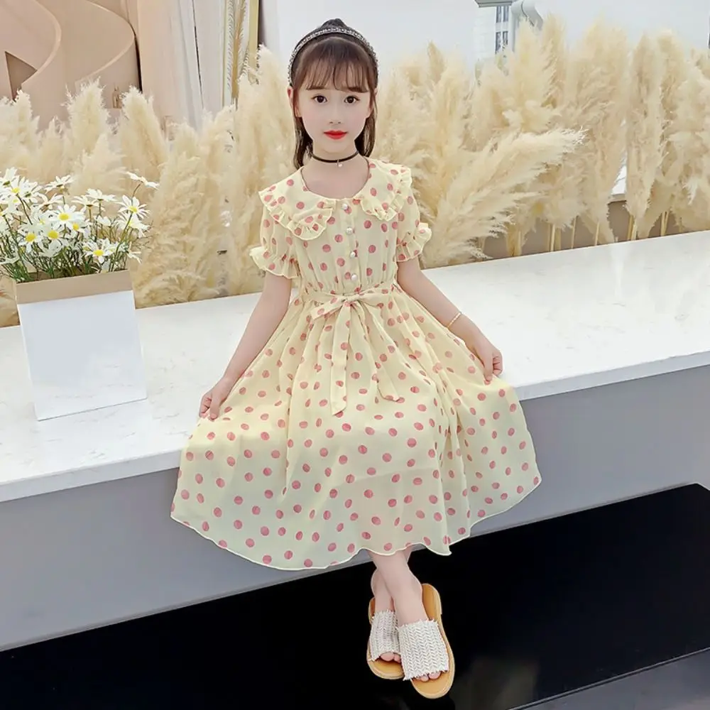 エレガントなドールカラーの女の子用プリンセスドレス、ティーン向けパーティー、夏のドット柄ドレス、スイートなレースアップ子供ドレス、学生向け