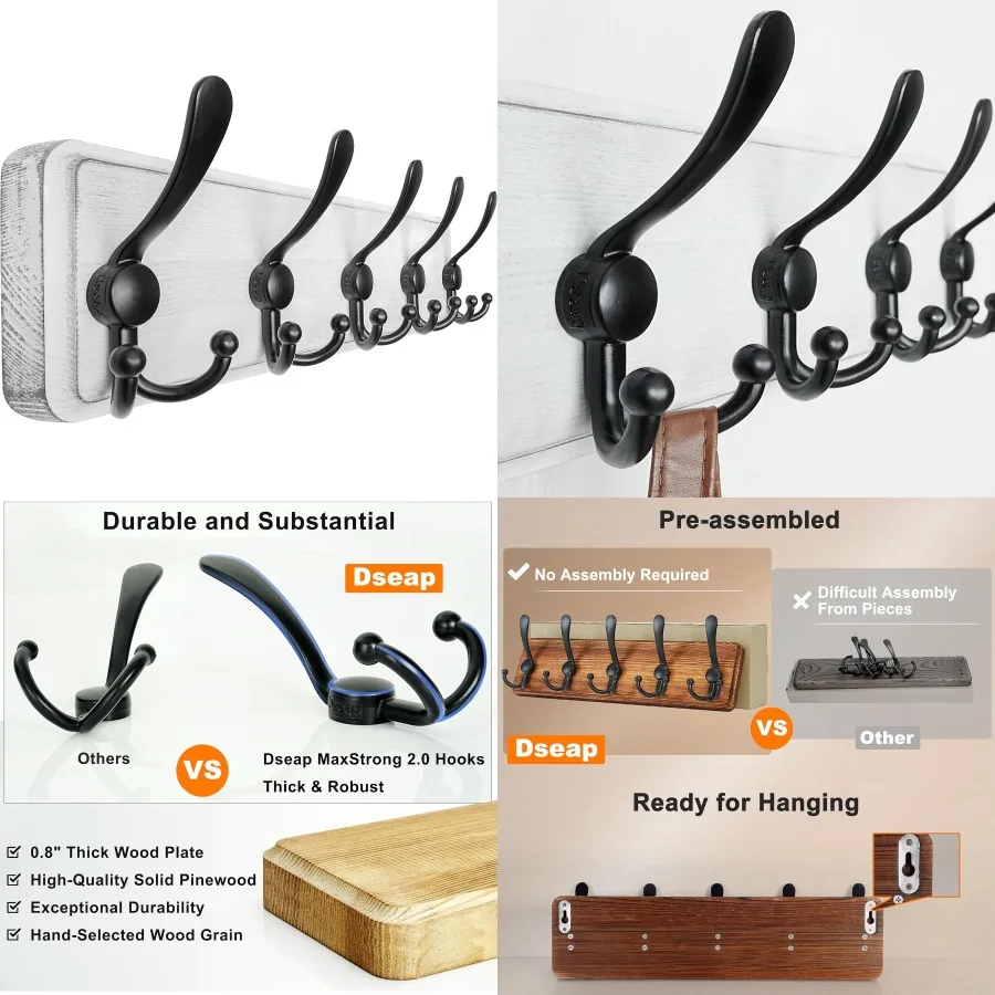 

Настенная вешалка для одежды с 5 тремя крючками для тяжелого использования. Деревянный дизайн. Подходит для одежды, шапок, курток и хранения одежды.
