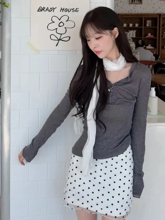 Elegante Falda de Cintura Alta con Corte en A para Mujer, Estilo Coreano, con Puntos de Polka Dot y Malla Anti-Transparencia, Falda para Caminar, Dulce y Pura