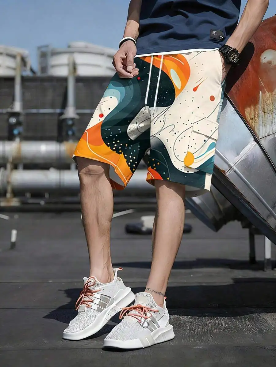 

Mens Loose Fit Abstract Art Cargo Shorts Knee-Length With Functional Pockets For Daily Wear