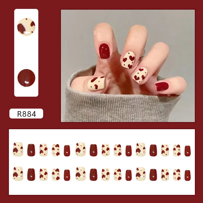 30 stuks rode herbruikbare nepnagels Sweet Love pers op nagels met ontwerp korte herfst- en wintermode kunstnagels met bedels 2024