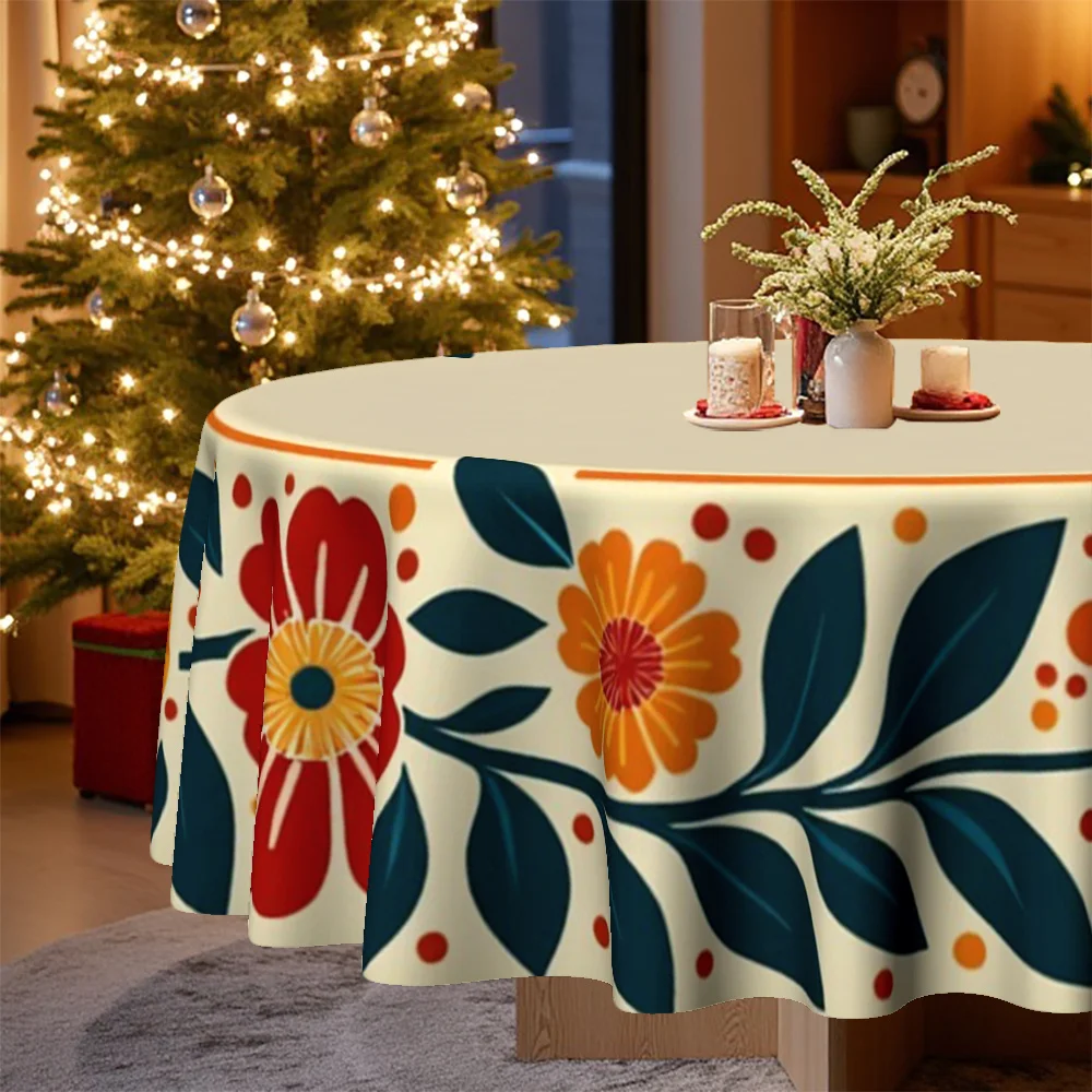 1 tablecloth, Christmas, Easter, holiday floral theme round tablecloth, suitable for home decoration