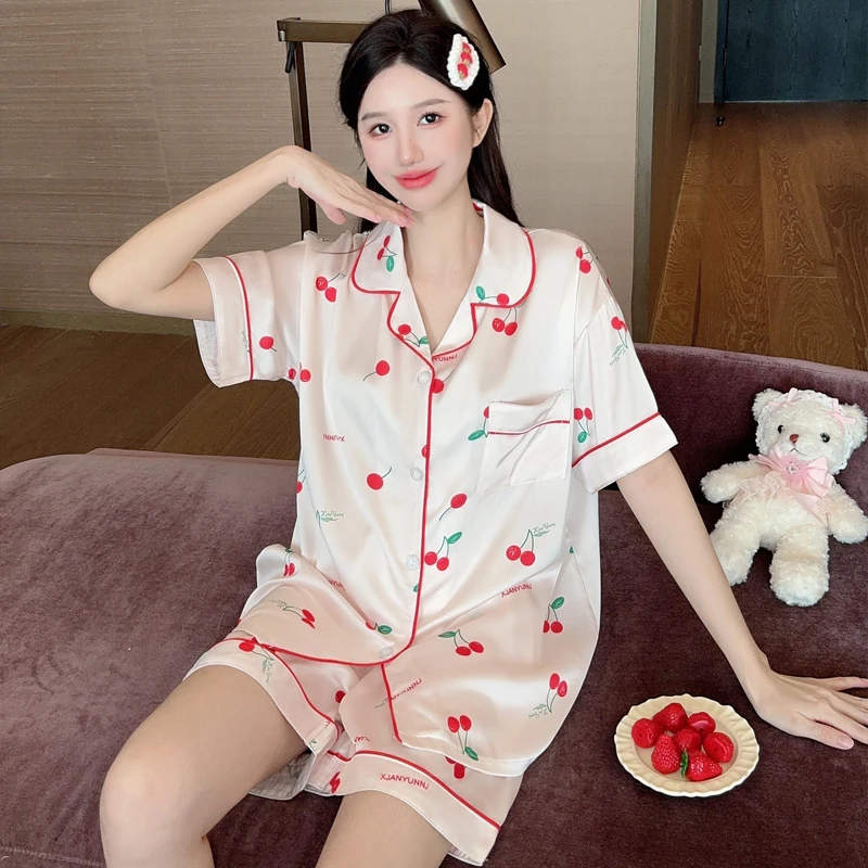 Ins Japanese Casual Pajamas Women\'s Summer Thin Girl\'s Home Lapel Cardigan Two-piece Set Fashion Pyjamas Women Homewear 2PJS