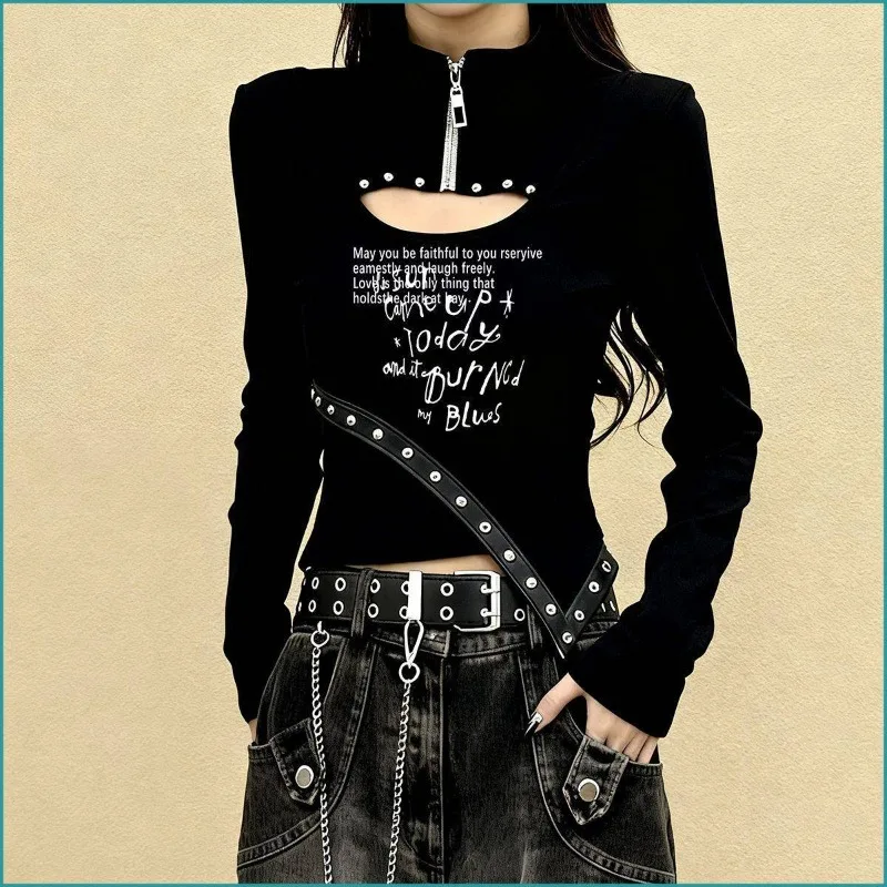 Tops T-shirts Women's Autumn/Winter Letter Print Zip Fastening Cut-out Detailing American Style Retro Long Sleeves New Versatile