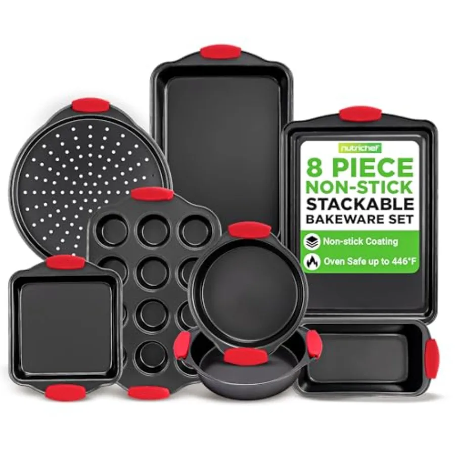

8 Piece Set Non-Stick Oven Baking Pans with Gray Coating Inside and Out Red Silicone Handles Commercial Grade Metal Bakeware fo