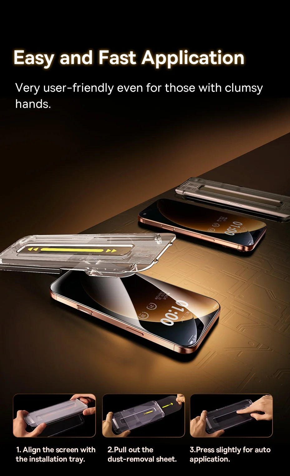 Baseus 0,4 mm Corning gehärtetes Glas für iPhone 17, 16, 15, 14, 13 Pro Max Plus Displayschutzfolie, Anti-Peeping-Auto-Installationsfolie – Detail 5