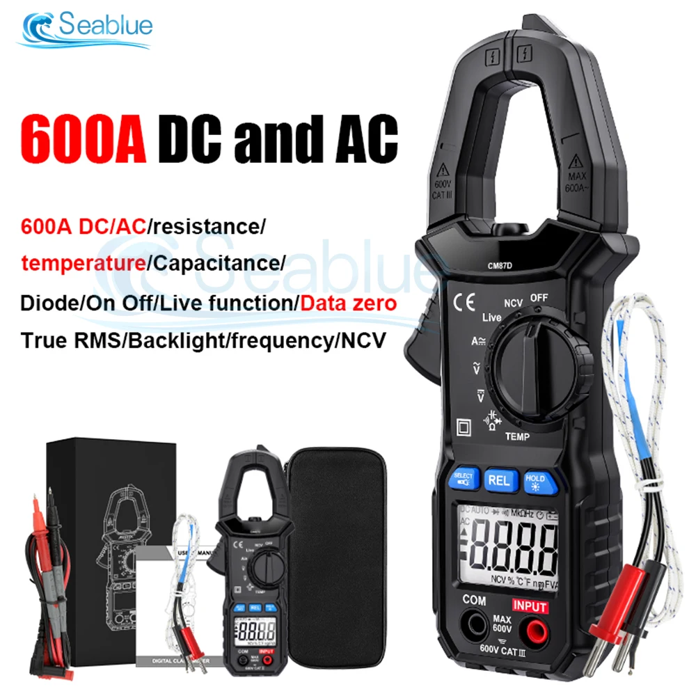 CM87D Clamp Meter LCD 600A AC/DC Current Amp Meter 6000 Counts Measures Flashlight Amp Volt Temperature Capacitance Resistance