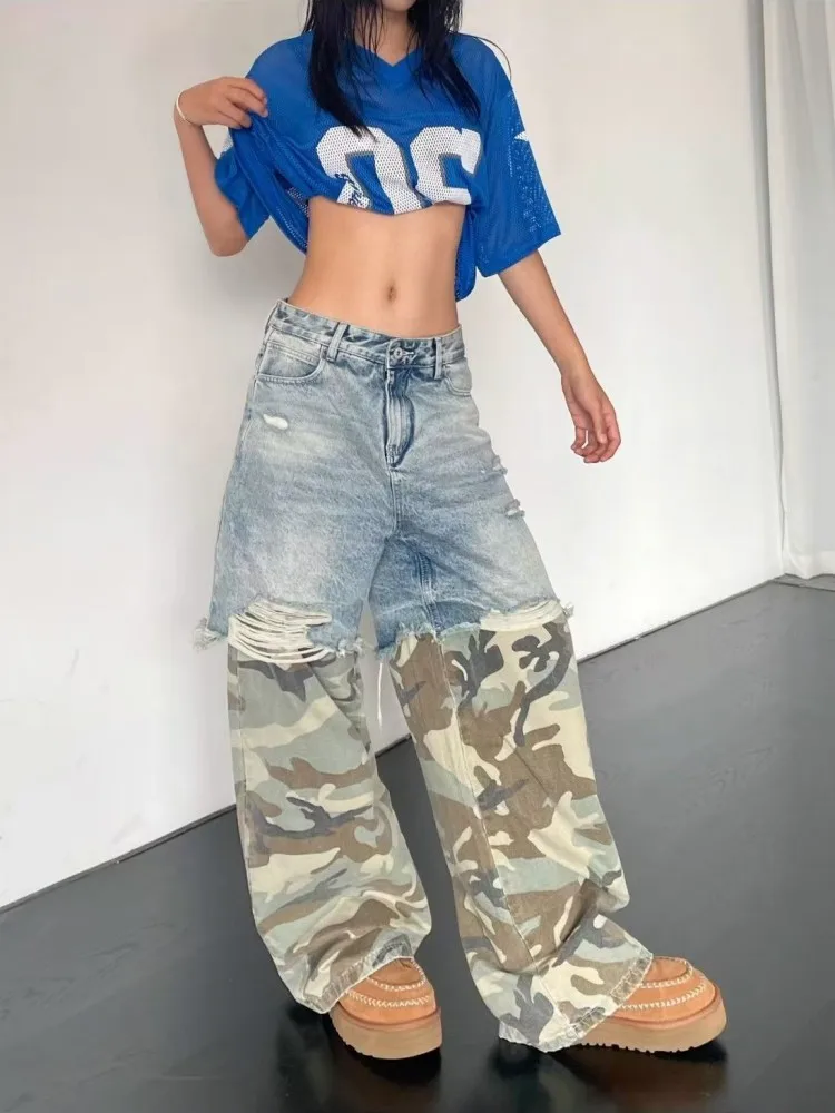 Jeans Men's and Women's Camouflage Patchwork Washed Hole Design Jeans 2025