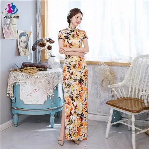 Chinese Style Retro Traditional Cheongsam Printed Qipao New Year Party Silk Long Dress Women Sexy Nightclub Hanfu Qi Pao Vintage